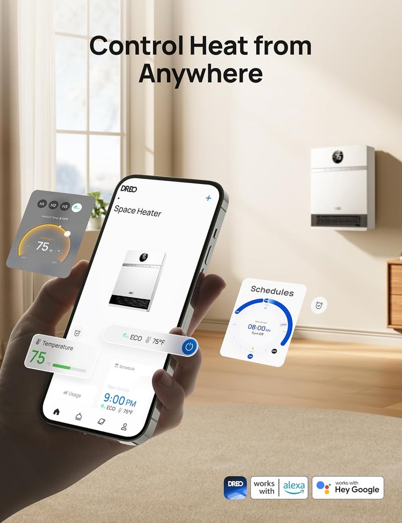 Dreo Smart Wall Heater, IP24 Electric PTC Space Heaters for Indoor Use, 30° Oscillation, Adjustable Thermostat, Remote Control, Works with Alexa, 24H Timer, Easy-mounted for Office, Bedroom, Home - Image 4